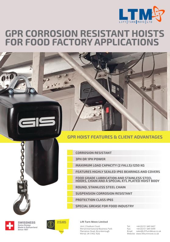 GPR Corrosion resistant hoists for food factory applications - Datasheet - LTM Lift Turn Move