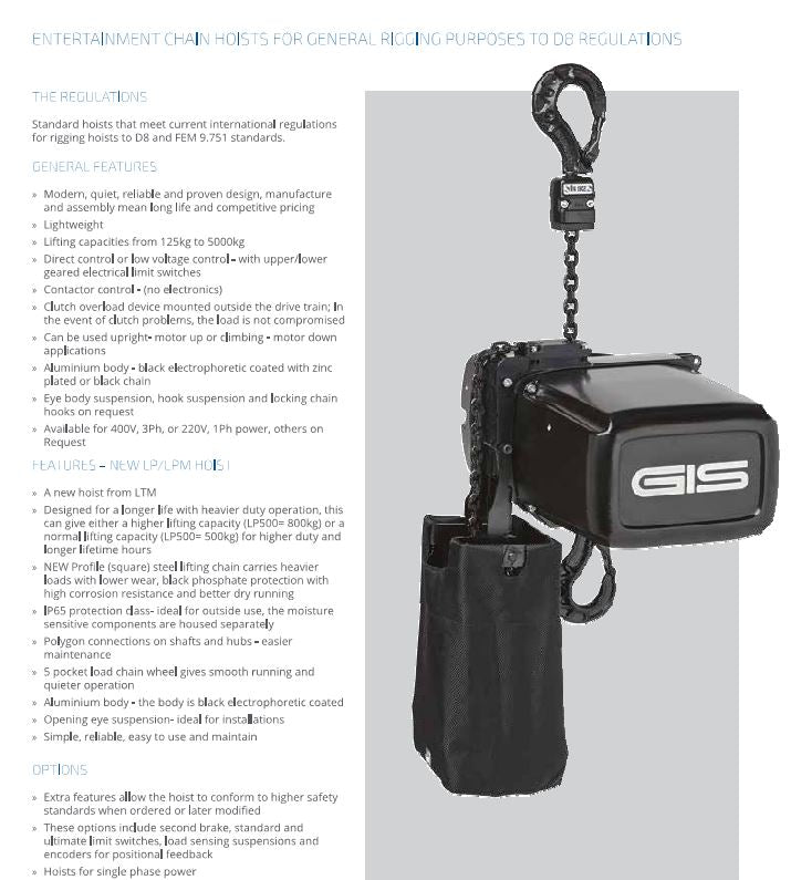 Entertainment Chain Hoists for General Rigging purposes to D8 guidelines - Datasheet - LTM Lift Turn Move