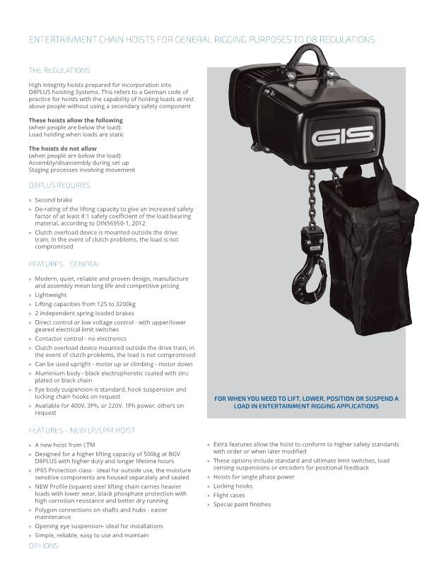 Entertainment Chain Hoists for General Rigging Purposes to D8 PLUS guidelines - Datasheet - LTM Lift Turn Move